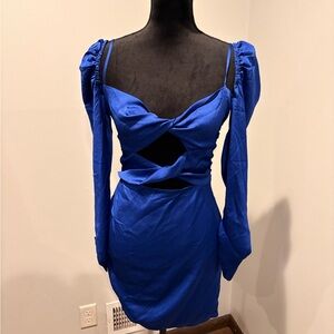 Hello Molly Cobalt Blue Long Sleeve Twist Front Cutout Mini Dress